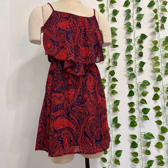 Eyelash Couture Red & Navy Paisley Ruffle Layer Midi Dress Boho Sleeveless XS - Picture 1 of 4